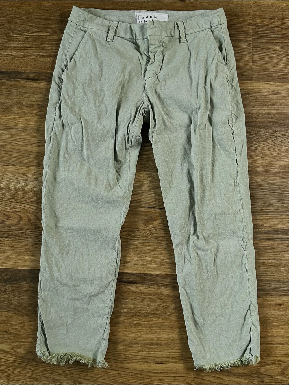 Frank & Eileen Womens Wicklow Pants 4 Green Linen Blend Raw Hem Crop USA Preppy